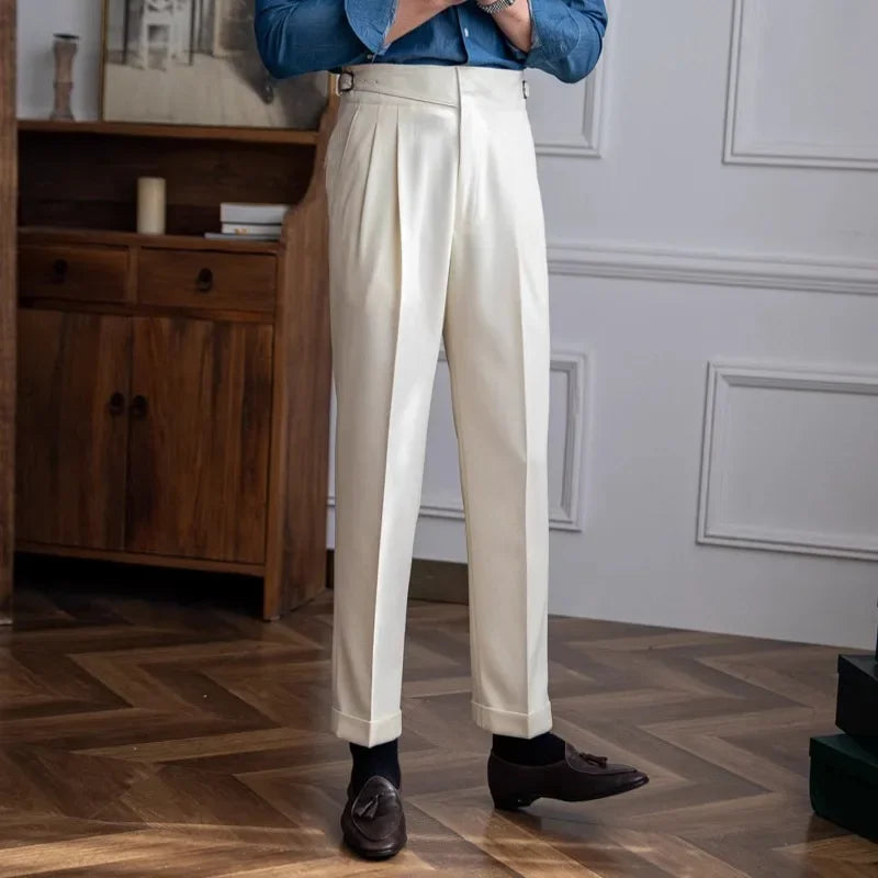 High Waist Straight Leg Casual Men's Trousers Italian Neapolitan Style Versatile Long Pants British Retro Suiting