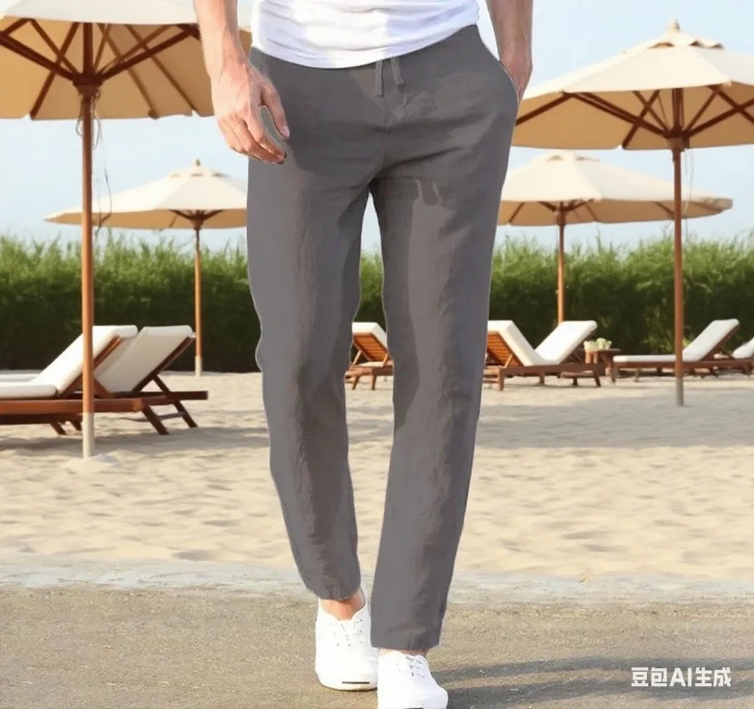 Men's Cotton Linen Pants Joggers Sweatpants Streetwear Breathable Solid Color Vacation Linen Trousers Autumn Loose casual Pants