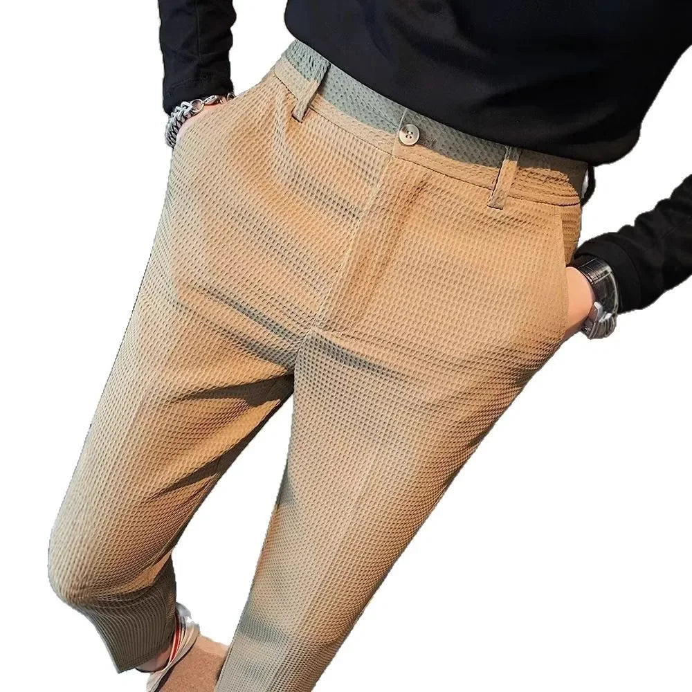 Men's Thickened Stripe Casual Pants Spring Autumn Black Slim Fit West Pants Korean Style Long Trousers for Business And Work