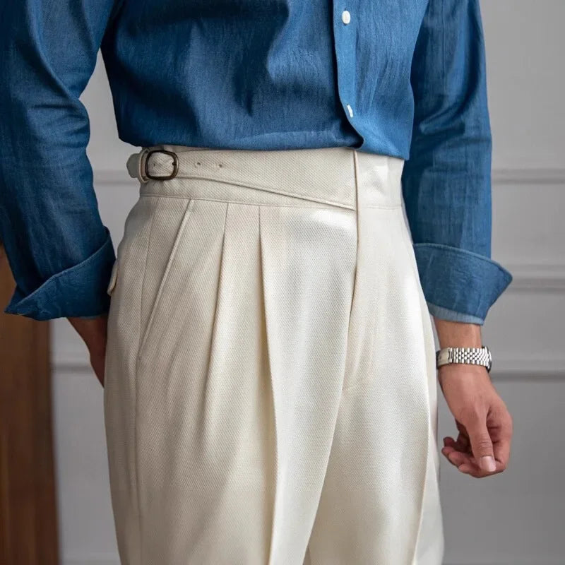 High Waist Straight Leg Casual Men's Trousers Italian Neapolitan Style Versatile Long Pants British Retro Suiting
