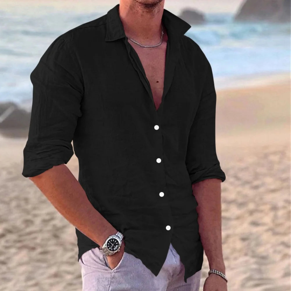 European and American fashion new men's long-sleeved shirt single-breasted lapel cotton and linen shirt men's fashion tops