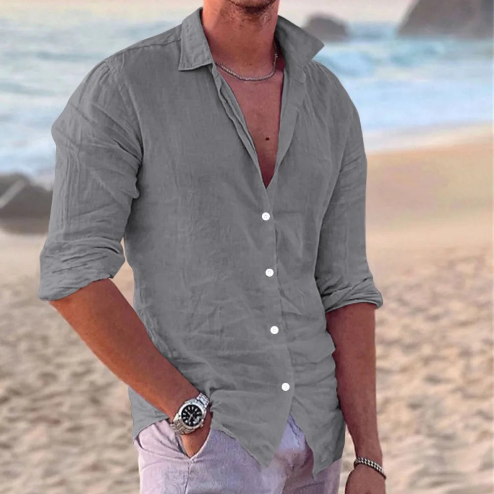 European and American fashion new men's long-sleeved shirt single-breasted lapel cotton and linen shirt men's fashion tops
