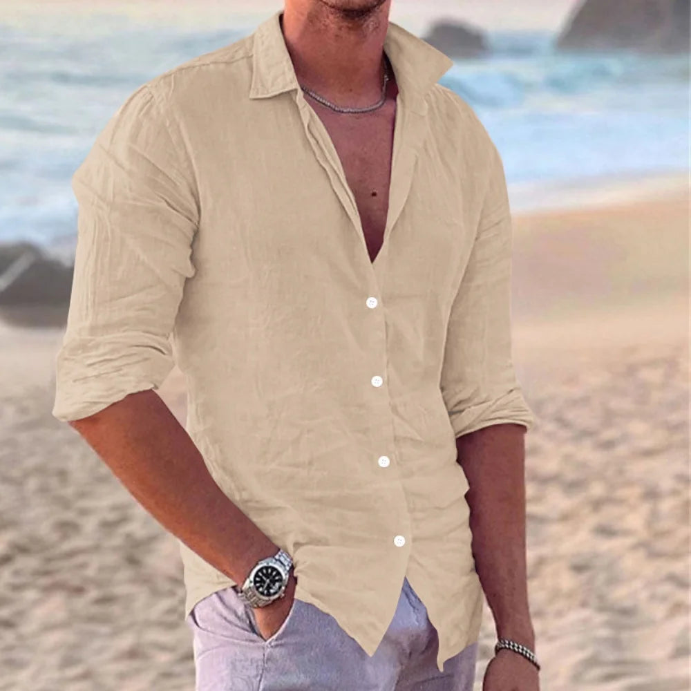 European and American fashion new men's long-sleeved shirt single-breasted lapel cotton and linen shirt men's fashion tops