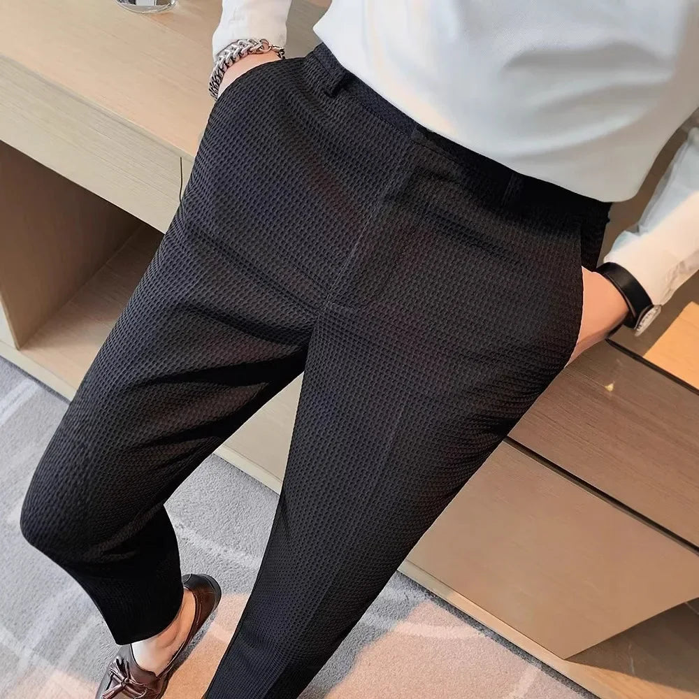 Men's Thickened Stripe Casual Pants Spring Autumn Black Slim Fit West Pants Korean Style Long Trousers for Business And Work