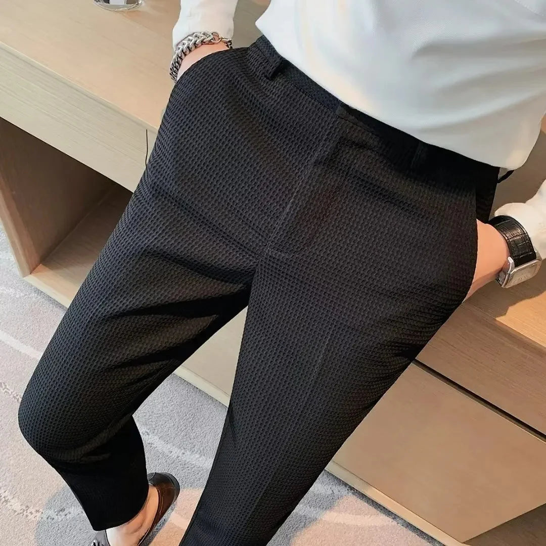 Men's Thickened Stripe Casual Pants Spring Autumn Black Slim Fit West Pants Korean Style Long Trousers for Business And Work