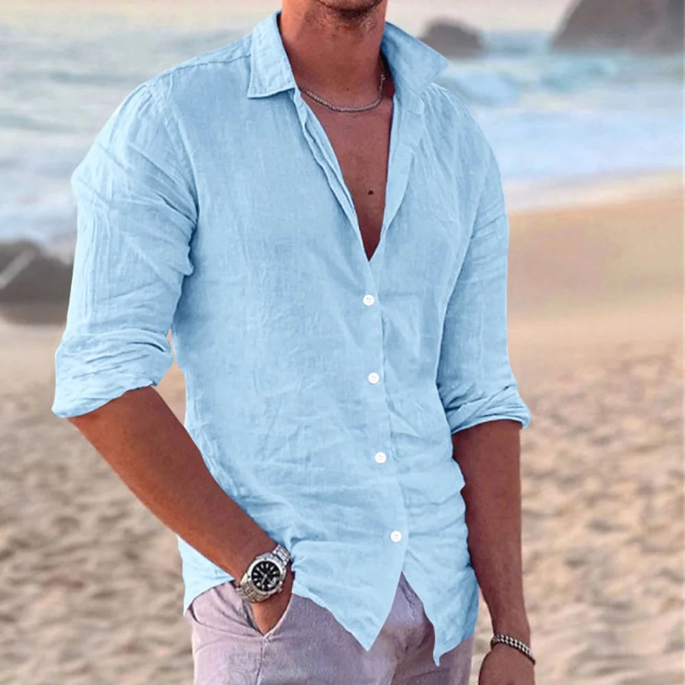 European and American fashion new men's long-sleeved shirt single-breasted lapel cotton and linen shirt men's fashion tops