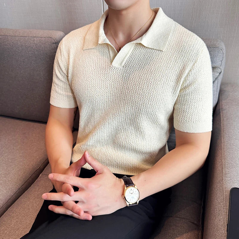 Hollow Knitted Short-Sleeved T-shirt, V-neck Brown Polo Shirt, High-End Quality, Cool, Luxury Genuine Goods,Slim Top