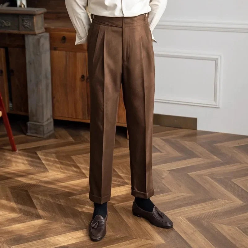 High Waist Straight Leg Casual Men's Trousers Italian Neapolitan Style Versatile Long Pants British Retro Suiting