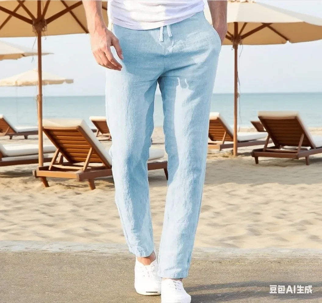 Men's Cotton Linen Pants Joggers Sweatpants Streetwear Breathable Solid Color Vacation Linen Trousers Autumn Loose casual Pants