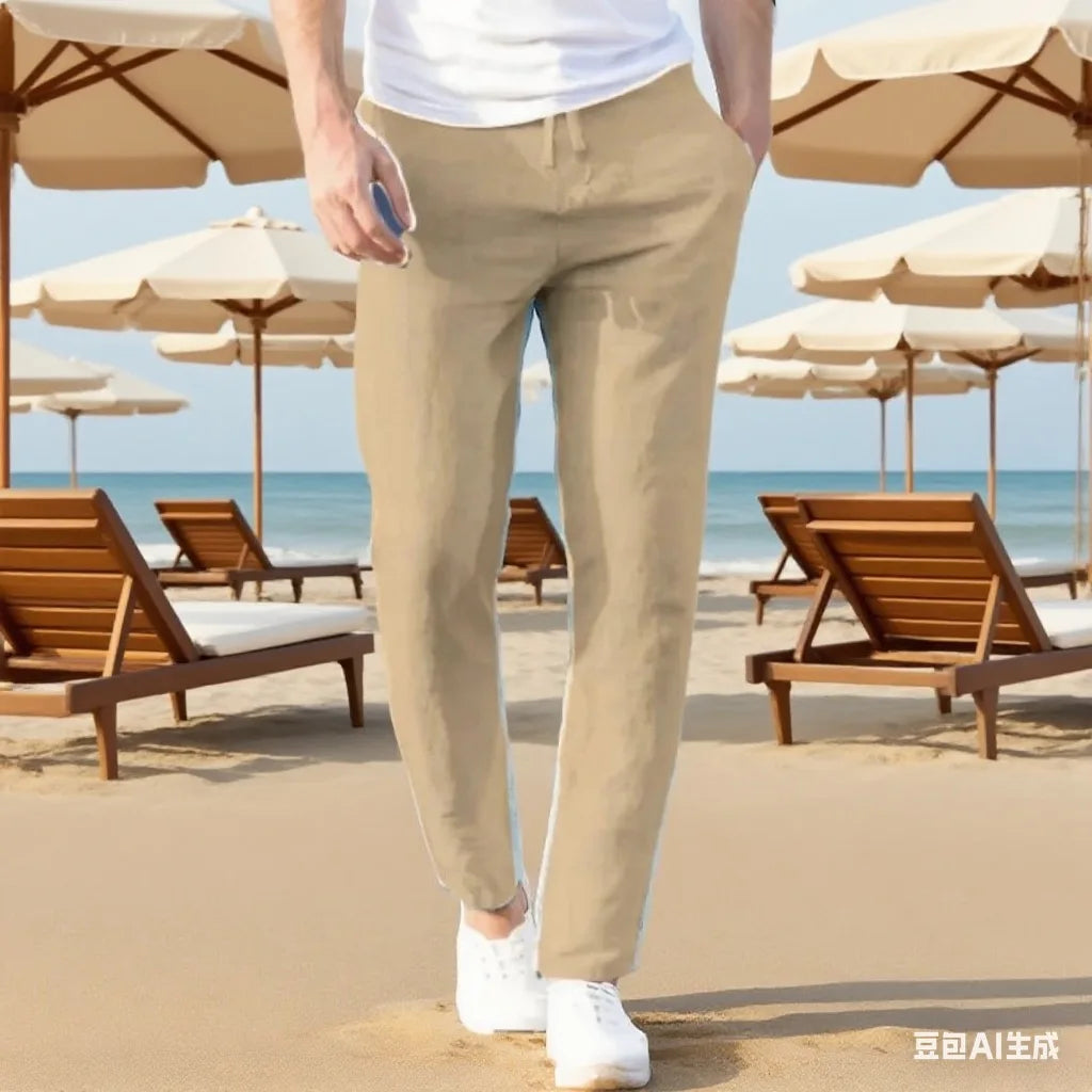 Men's Cotton Linen Pants Joggers Sweatpants Streetwear Breathable Solid Color Vacation Linen Trousers Autumn Loose casual Pants