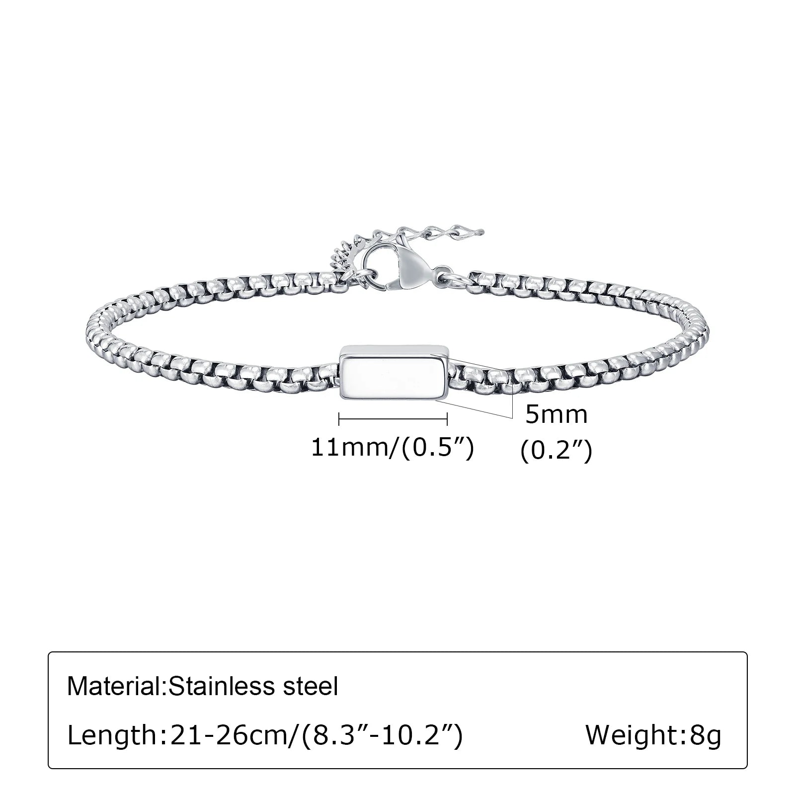 Vnox Stainless Steel Box Chain Bracelets for Men Teens, Geomtric Square Tube Charm Bracelets, Adjustable Metal Jewelry Gift