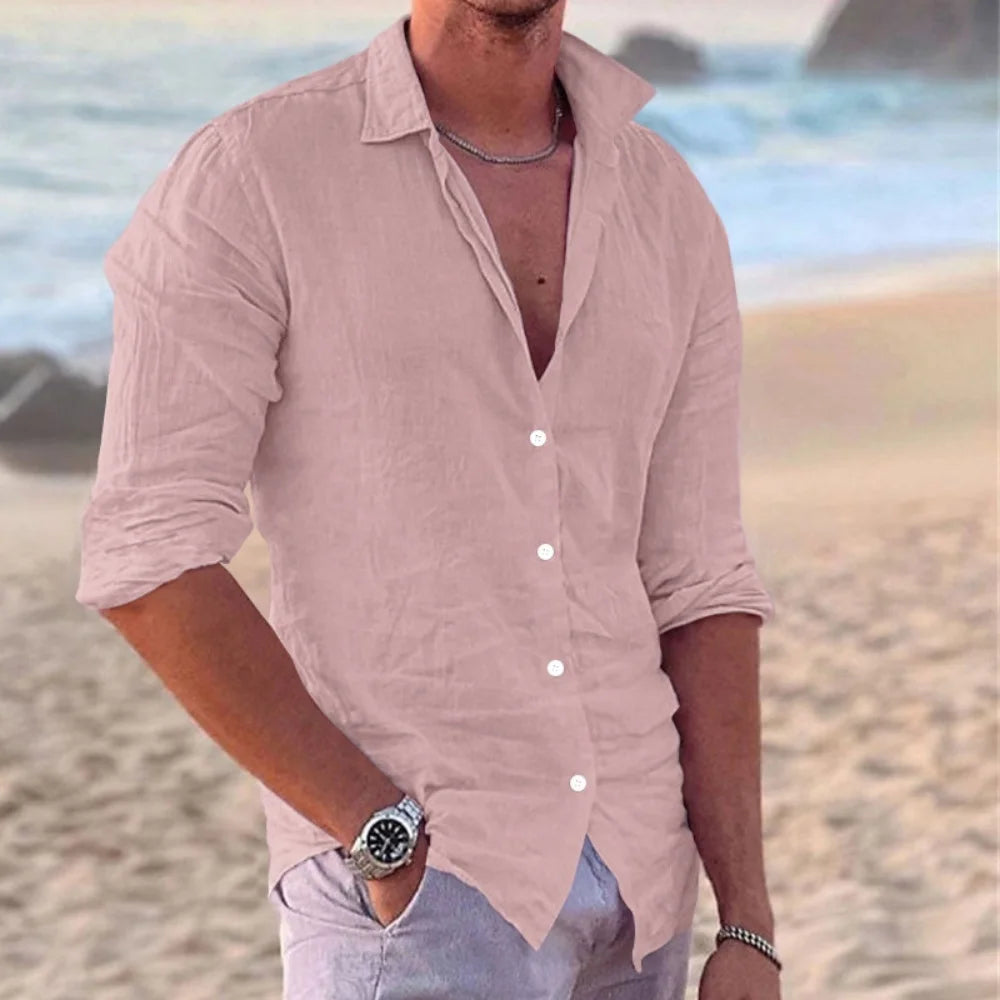 European and American fashion new men's long-sleeved shirt single-breasted lapel cotton and linen shirt men's fashion tops