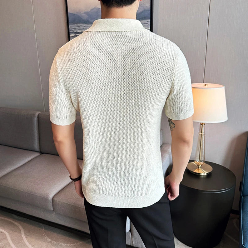Hollow Knitted Short-Sleeved T-shirt, V-neck Brown Polo Shirt, High-End Quality, Cool, Luxury Genuine Goods,Slim Top