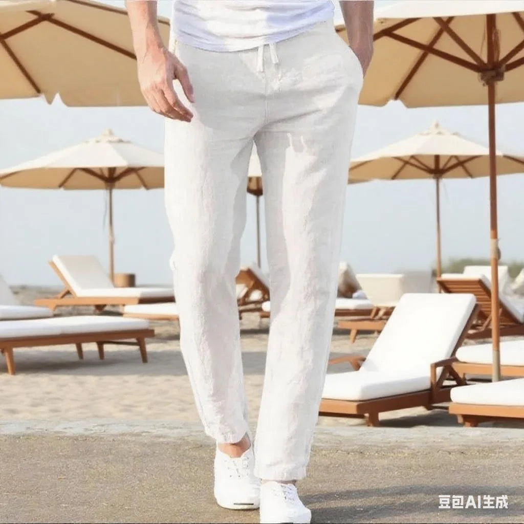 Men's Cotton Linen Pants Joggers Sweatpants Streetwear Breathable Solid Color Vacation Linen Trousers Autumn Loose casual Pants