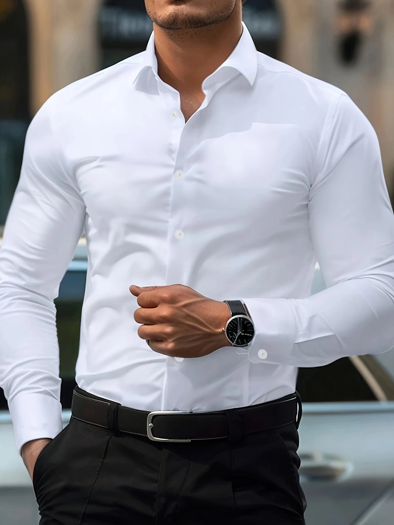 FGKKS New Men Shirts Fashion Quality Long Sleeve Casual Solid Color Elastic Male Business Shirt
