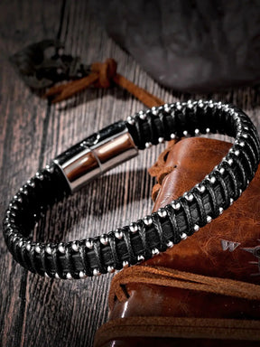 Braided Rope Woven Black Leather Men Bracelets Punk Style Stainless Steel Bangle for Friend Charm Fashion Jewelry Gifts
