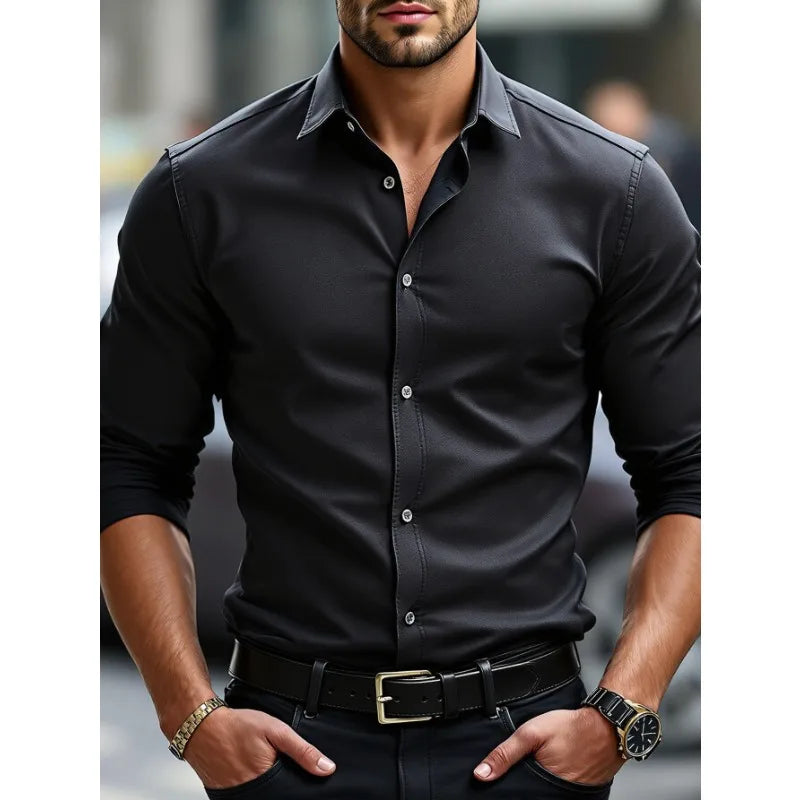 FGKKS New Men Shirts Fashion Quality Long Sleeve Casual Solid Color Elastic Male Business Shirt