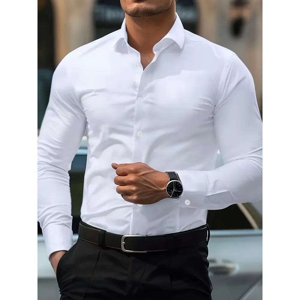 FGKKS New Men Shirts Fashion Quality Long Sleeve Casual Solid Color Elastic Male Business Shirt