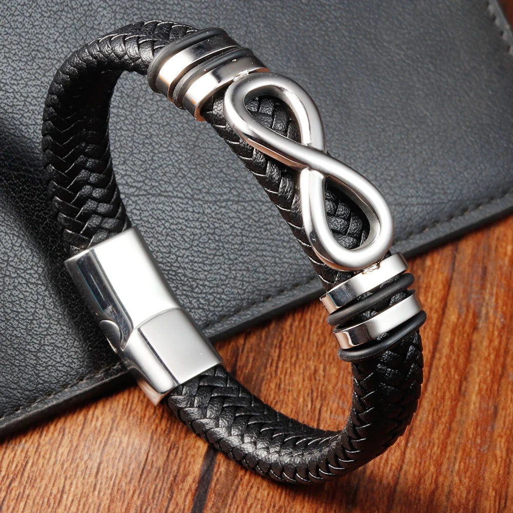 Classic Stainless Steel Leather Bracelet For Mens Chain Wristband Business Charm Jewelry Accessories for Dad Boyfriend
