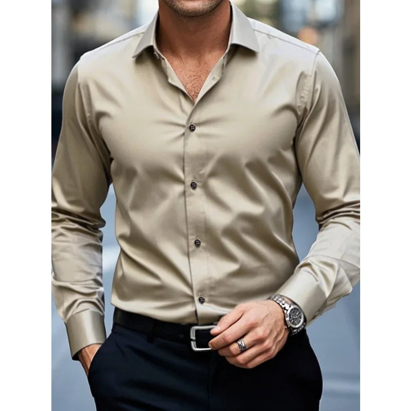 FGKKS New Men Shirts Fashion Quality Long Sleeve Casual Solid Color Elastic Male Business Shirt
