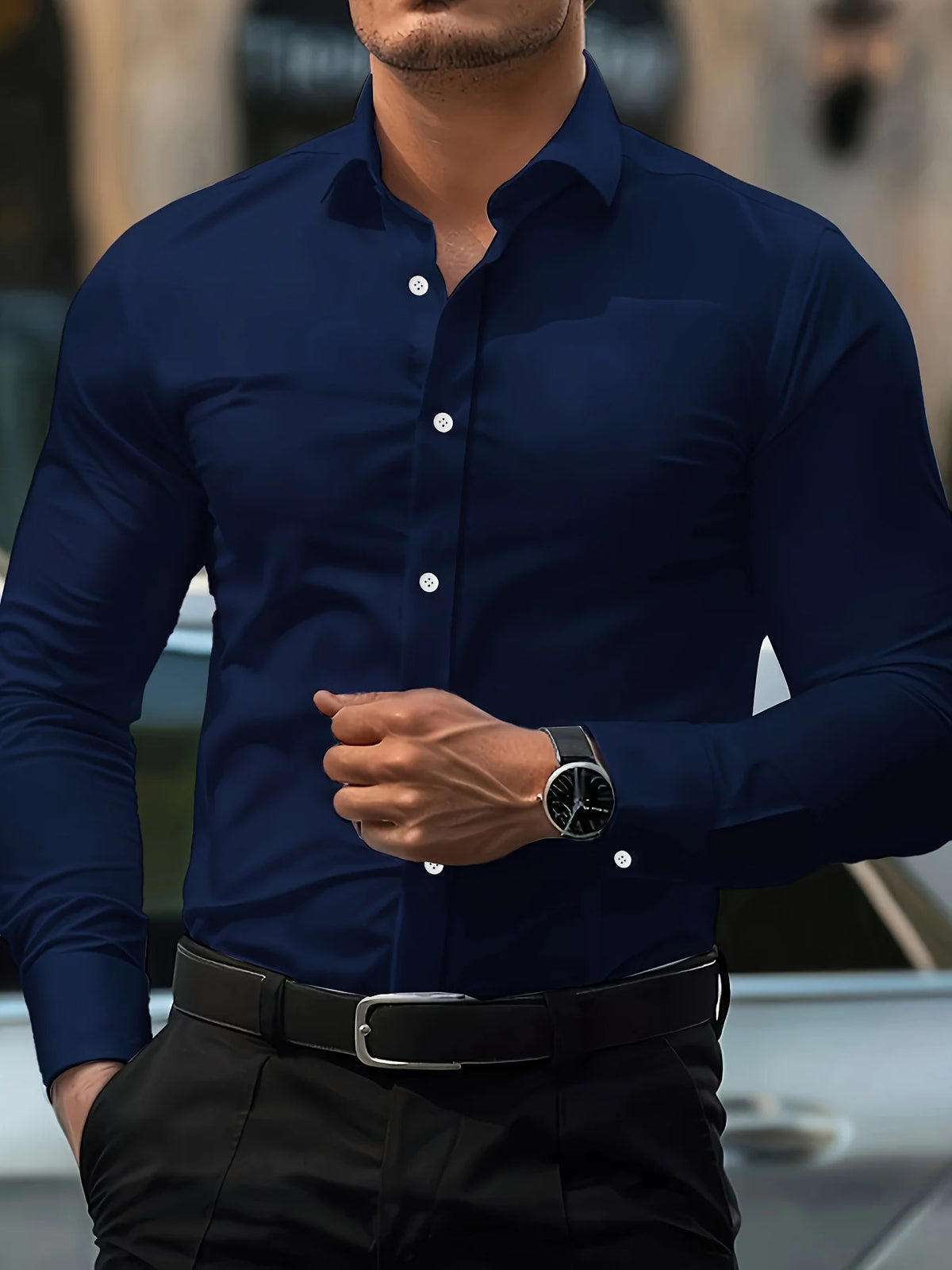 FGKKS New Men Shirts Fashion Quality Long Sleeve Casual Solid Color Elastic Male Business Shirt