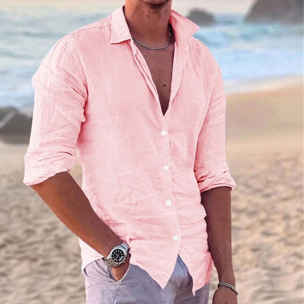 European and American fashion new men's long-sleeved shirt single-breasted lapel cotton and linen shirt men's fashion tops