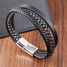 Braided Rope Woven Black Leather Men Bracelets Punk Style Stainless Steel Bangle for Friend Charm Fashion Jewelry Gifts