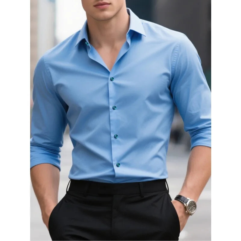 FGKKS New Men Shirts Fashion Quality Long Sleeve Casual Solid Color Elastic Male Business Shirt