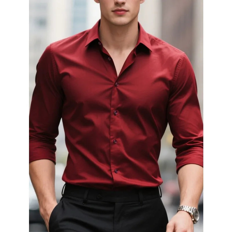 FGKKS New Men Shirts Fashion Quality Long Sleeve Casual Solid Color Elastic Male Business Shirt